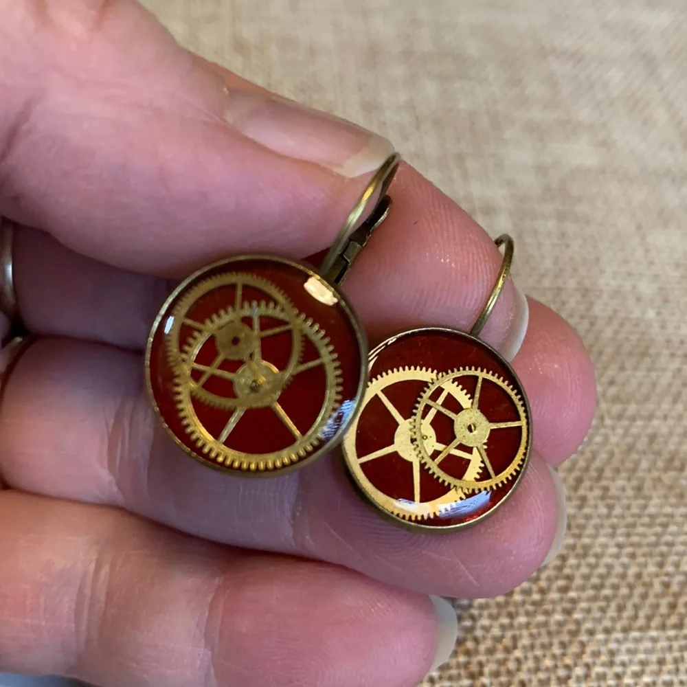 Red Earrings Gears French Levers Handmade New - Picture 3 of 5